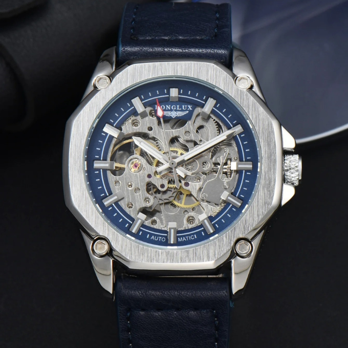 Men's Octagonal Skeleton Dial Watch displayed gracefully on a wooden surface, elegant and timeless.