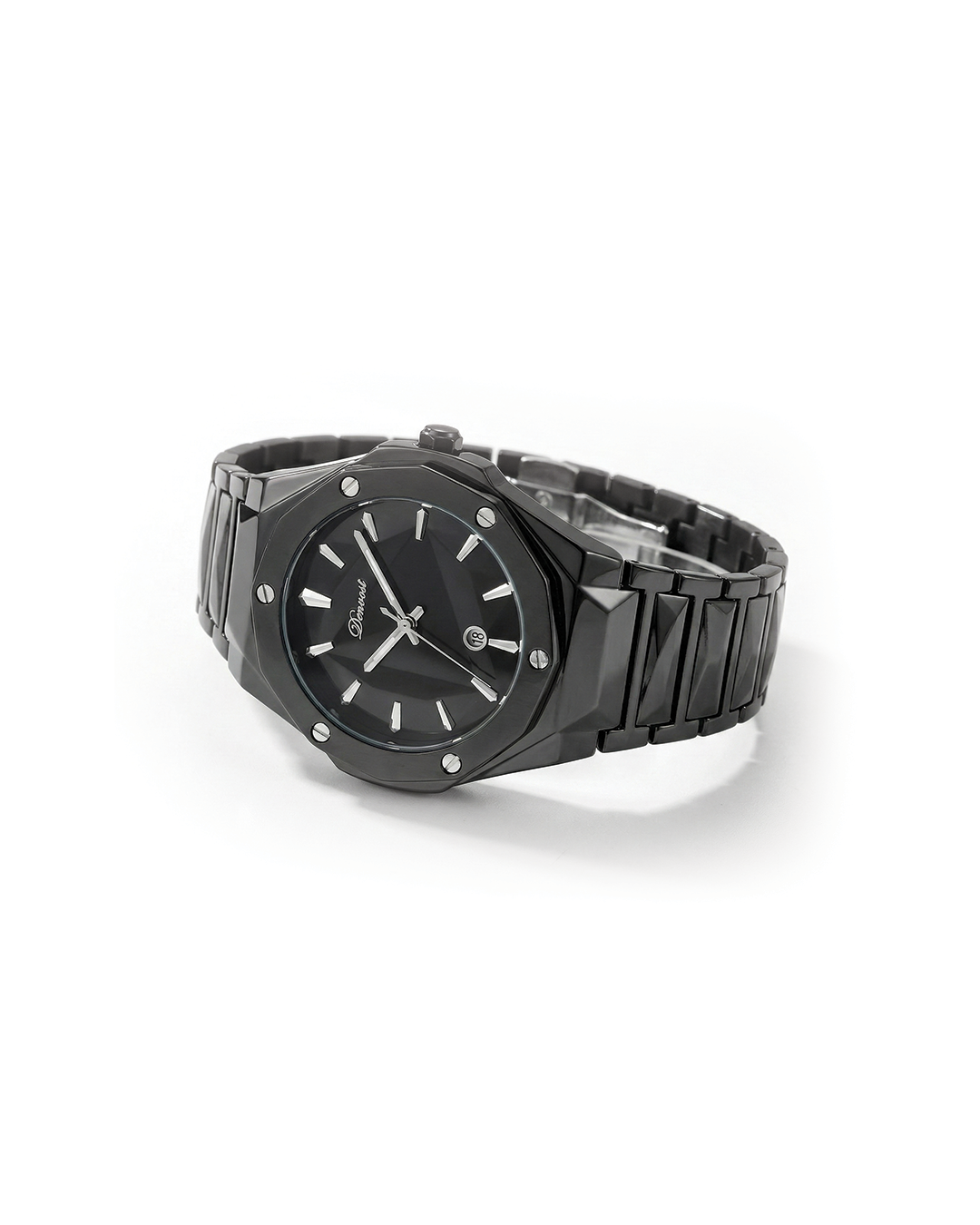 Men's octagonal stainless steel dress watch with polished finish and luminous hands, close-up