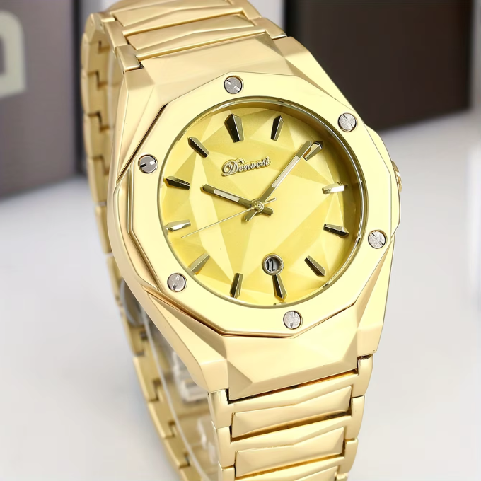 Polished stainless steel men's watch with unique octagonal case and luminous markers