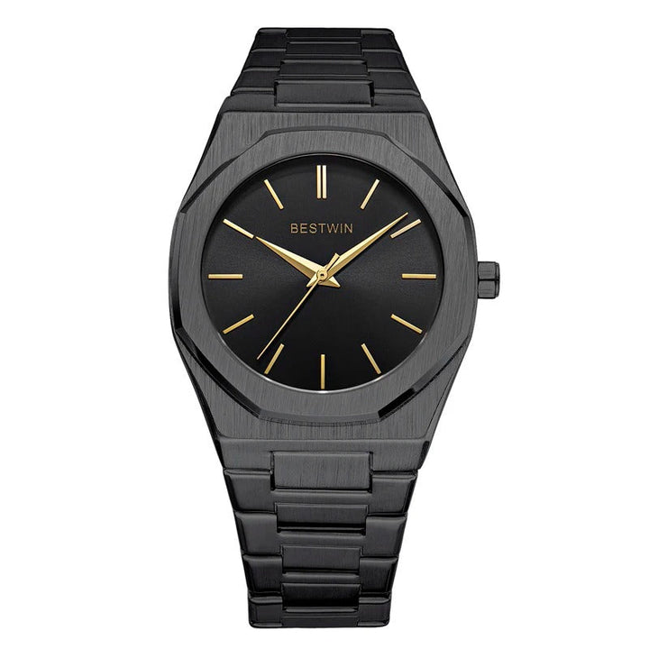 An array of men's octagonal stainless steel watches, showcasing color variations and styles