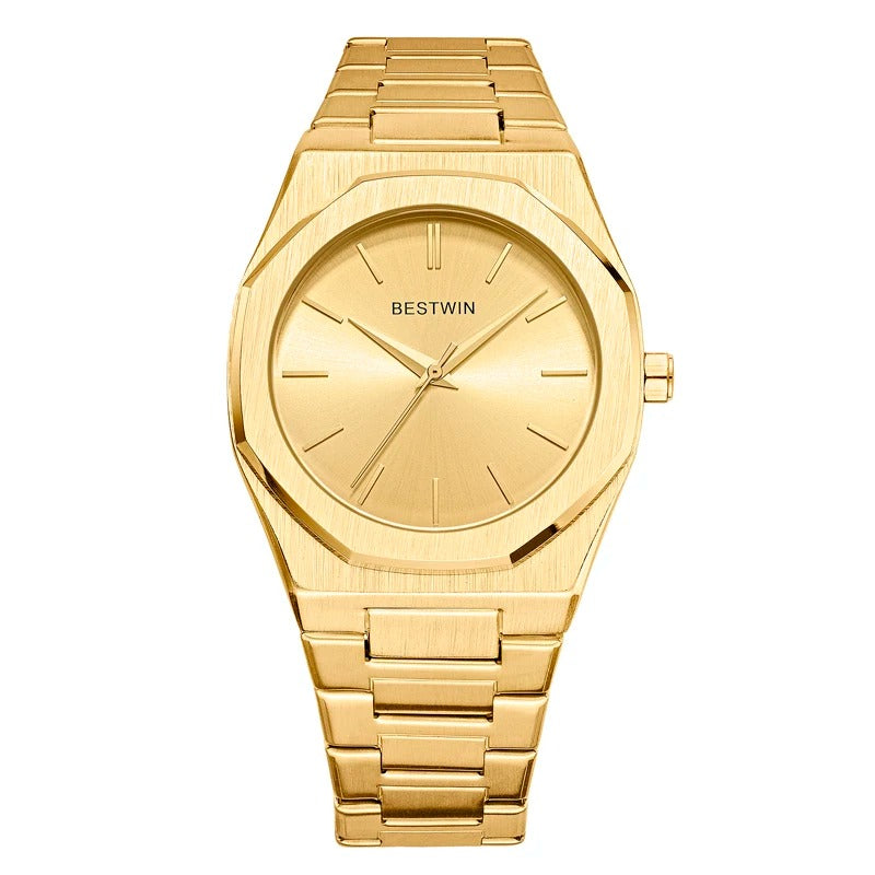 Men's octagonal watch on a male wrist, demonstrating size and fit of the elegant timepiece