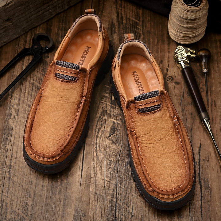 Front view of men's brown orthopedic transition boots, comfortable sole, leather, slip-resistant design.