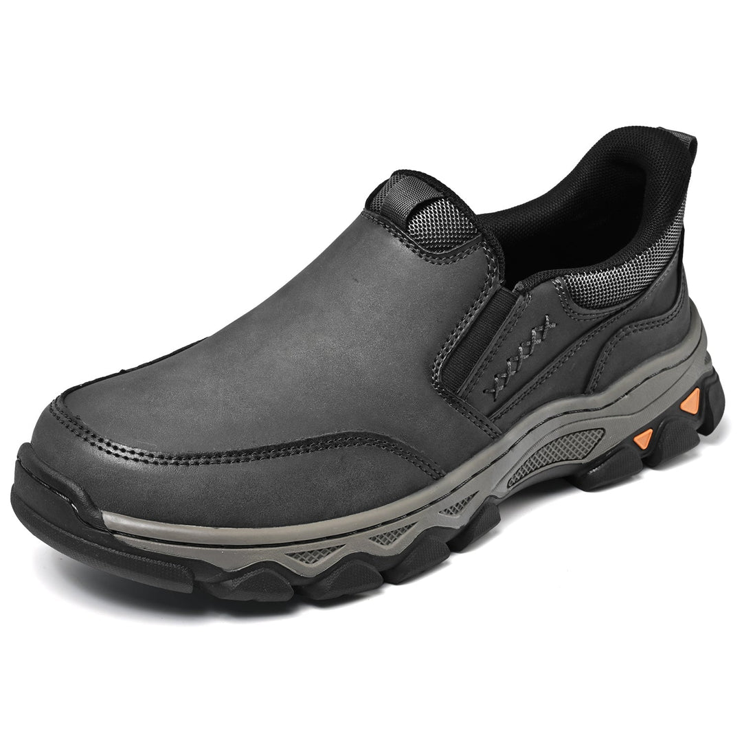Close-up of the leather texture on men's casual slip-on walking shoes