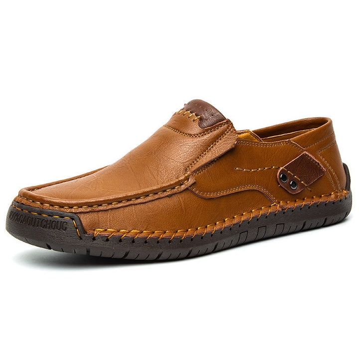 Side profile of men's casual orthopedic leather shoes, emphasizing comfort and durable hand-stitched sole