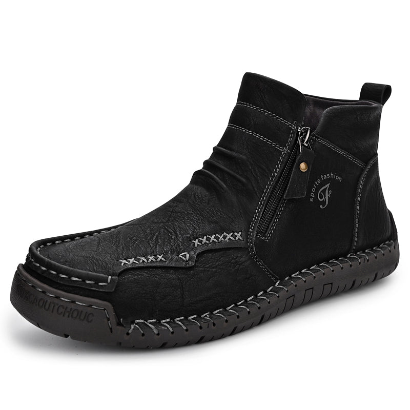 Stylish brown leather men's orthopedic boots with side zipper, outdoor, slip-resistant sole