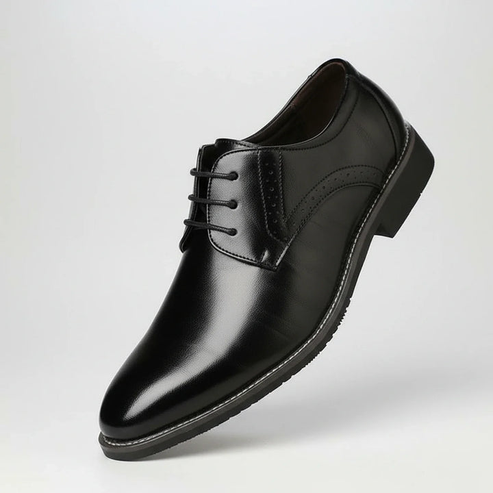 Men's orthopedic pointed toe dress shoes, black leather, designed for superior comfort & professional business attire.