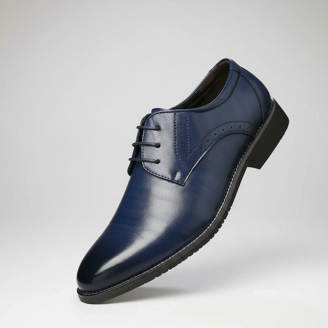 Formal men's wingtip pointed toe dress loafers in black, offering orthopedic support for all-day comfort.