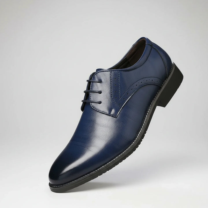 Formal men's wingtip pointed toe dress loafers in black, offering orthopedic support for all-day comfort.
