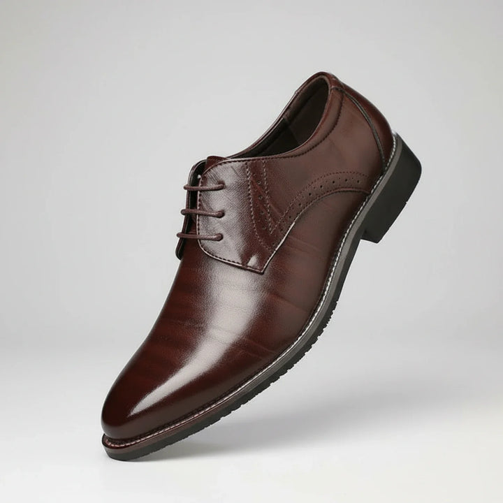 Professional men's black pointed toe dress shoes with orthopedic features, perfect for formal business wear.
