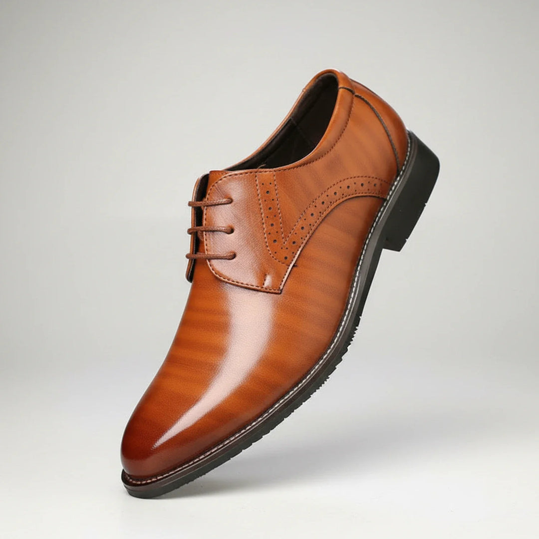 Stylish men's black pointed toe dress shoes with orthopedic insoles, combining fashion with foot health.