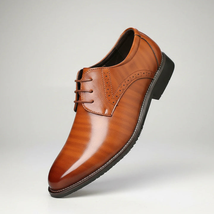 Stylish men's black pointed toe dress shoes with orthopedic insoles, combining fashion with foot health.