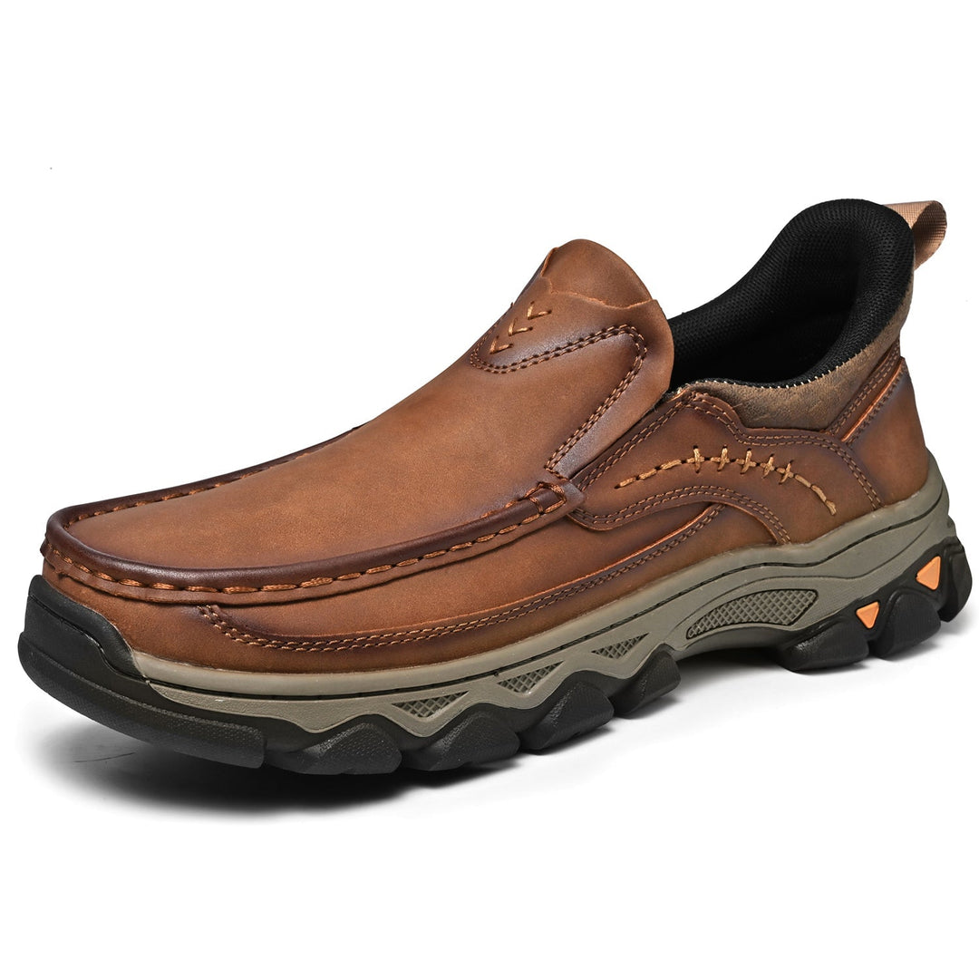 Close-up of men's comfortable orthopedic leather slip-ons, perfect for daily wear