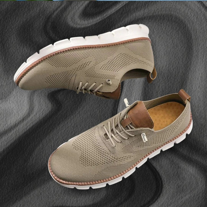 Side view of men's orthopedic walking shoes, showcasing arch support & cushioning.