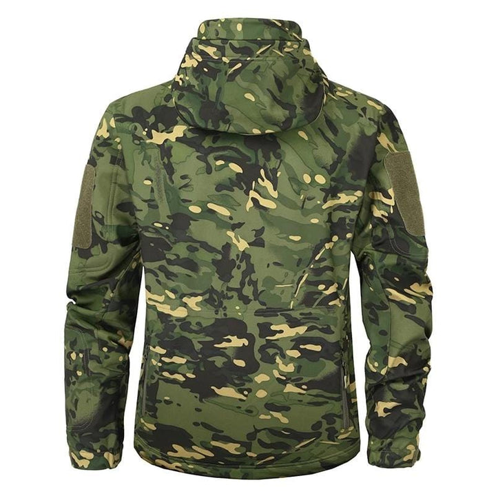 Detailed image of the cuff and sleeve of a men's camouflage jacket, showing adjustability