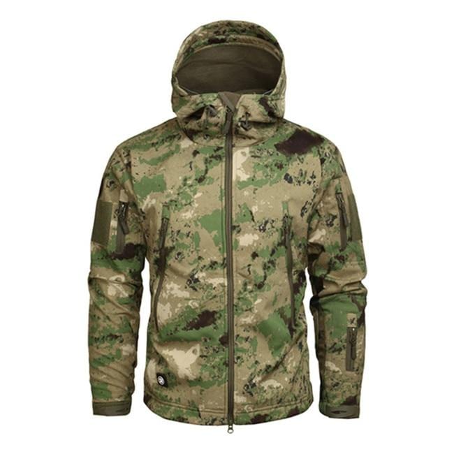 Side profile of men's utility camouflage jacket, highlighting its windproof design for outdoors