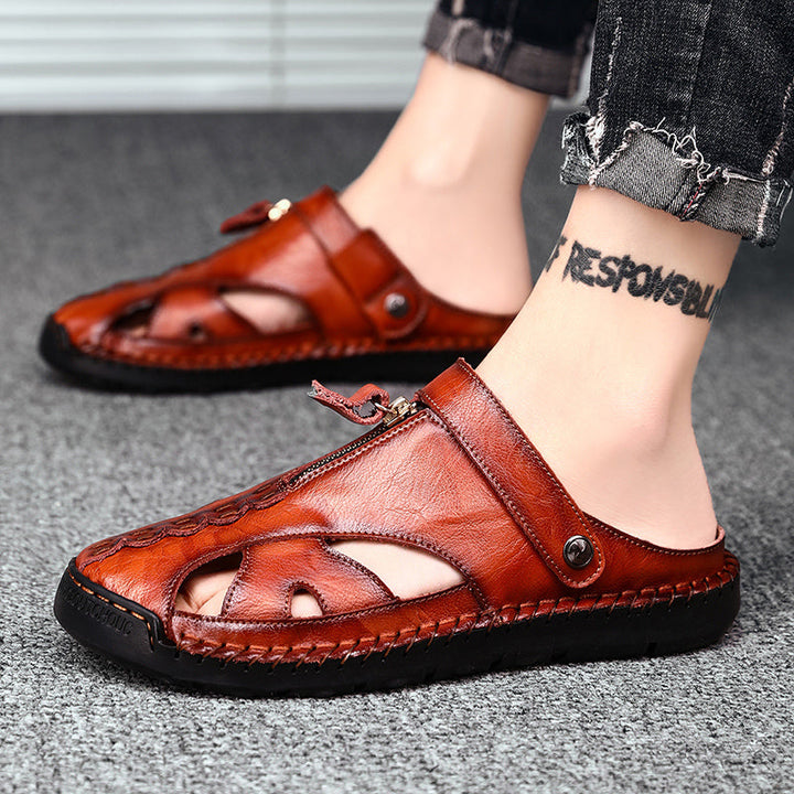 Adjustable strap detail on men's closed-toe leather beach shoes, secure fit