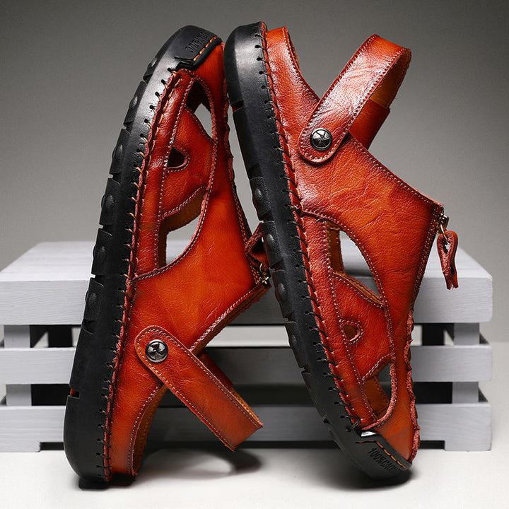 Close-up of the leather texture on men's closed-toe beach sandals