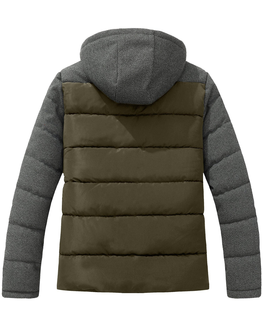 Men's black puffer jacket with a high collar for added warmth, suitable for outdoor wear
