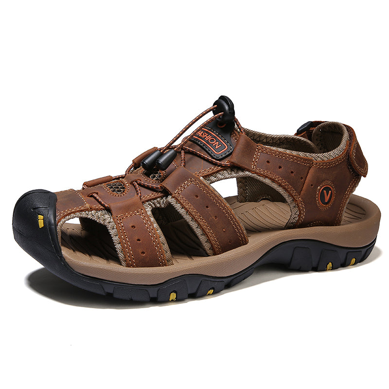 Men's Outdoor Sport Beach Sandals in brown leather with velcro closure, ideal for summer adventures
