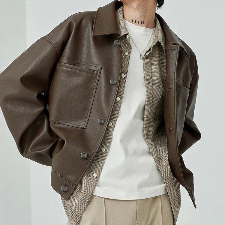 Front view of a men's oversized brown faux leather jacket, perfect for a casual and trendy look