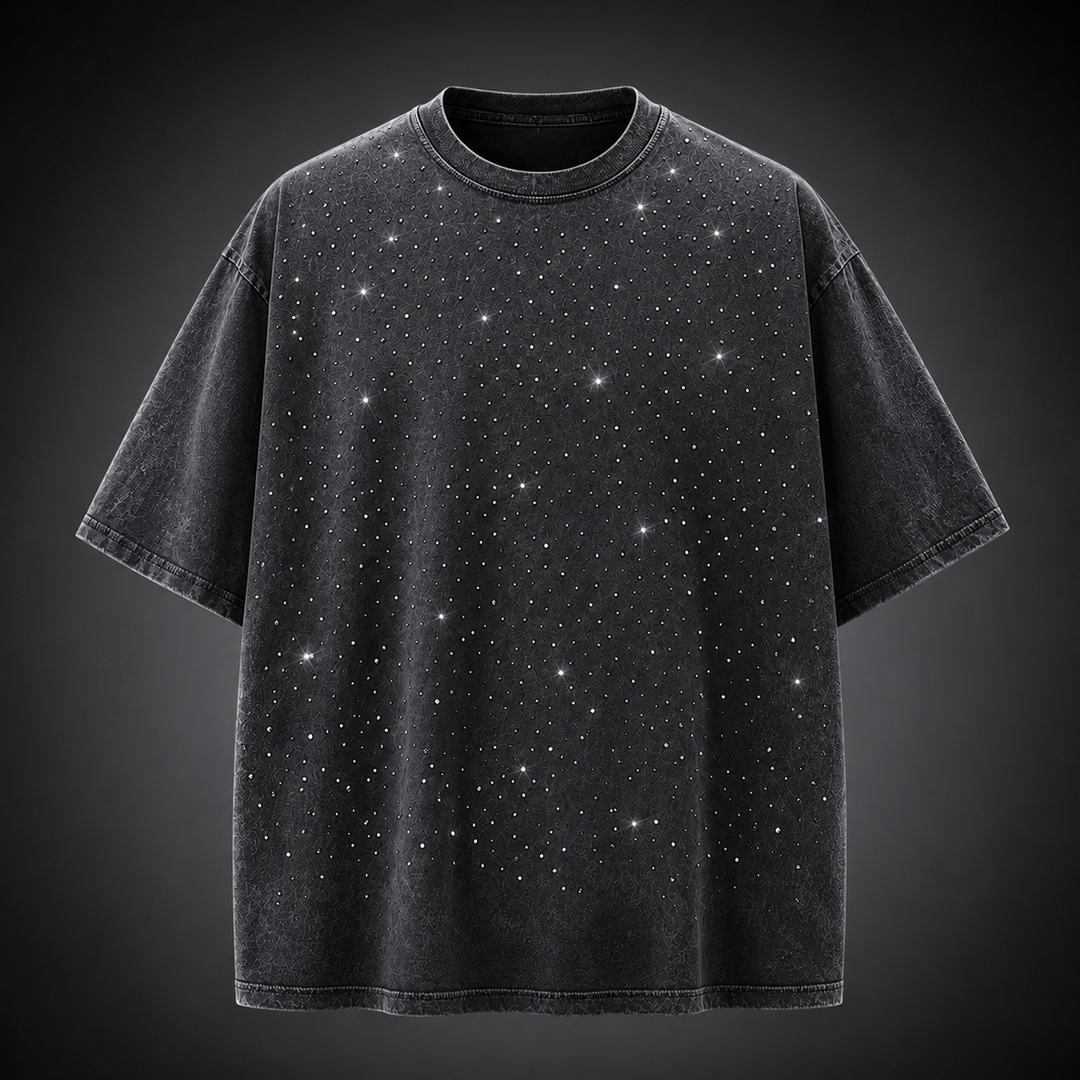 Men's oversized rhinestone t-shirt with distinctive washed finish for effortless streetwear style.