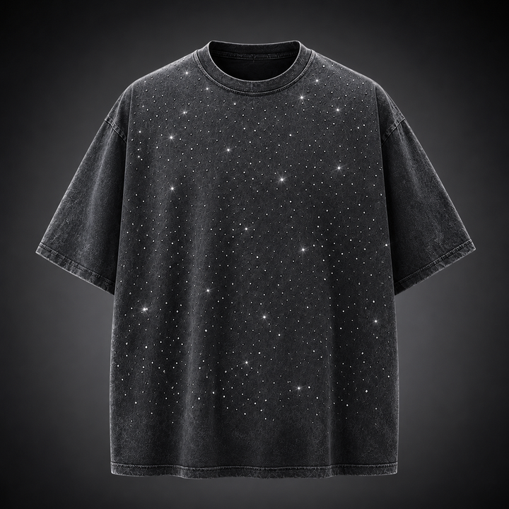 Men's oversized rhinestone t-shirt with distinctive washed finish for effortless streetwear style.