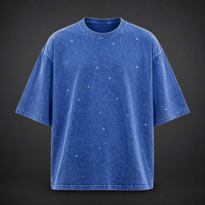 Front view of a men's oversized rhinestone t-shirt, highlighting its relaxed fit & streetwear appeal.