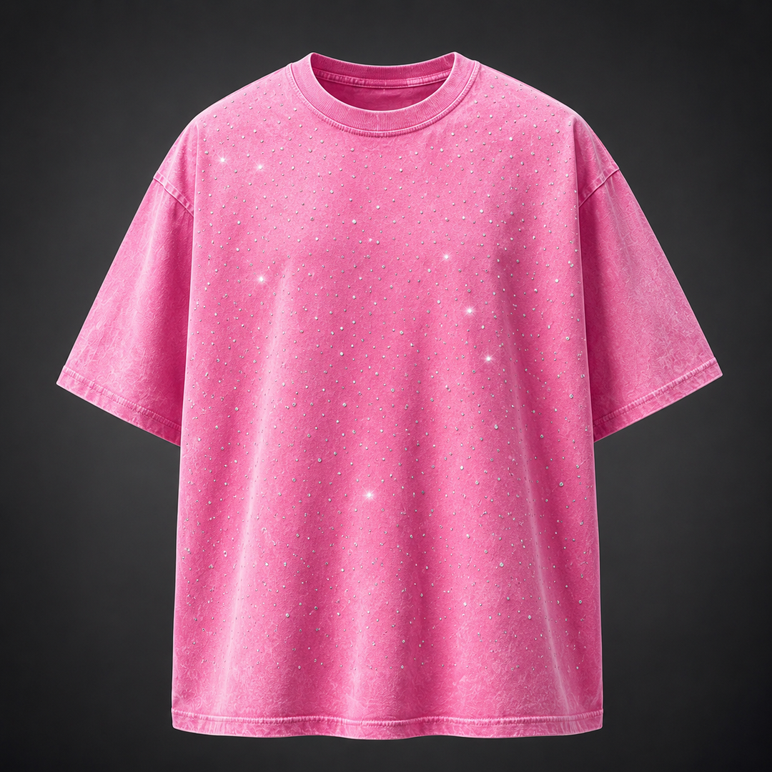 Men's casual wear: comfortable oversized t-shirt featuring a subtle yet stylish rhinestone pattern.