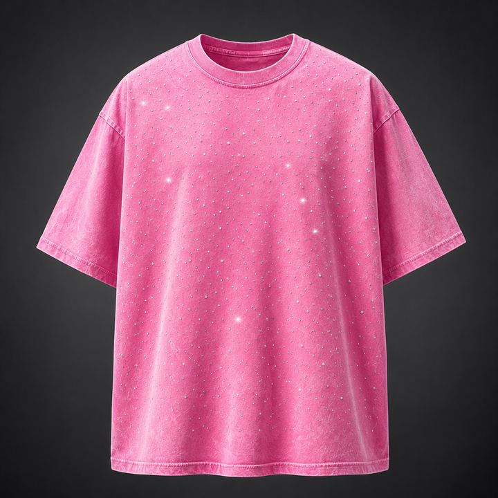 Men's casual wear: comfortable oversized t-shirt featuring a subtle yet stylish rhinestone pattern.