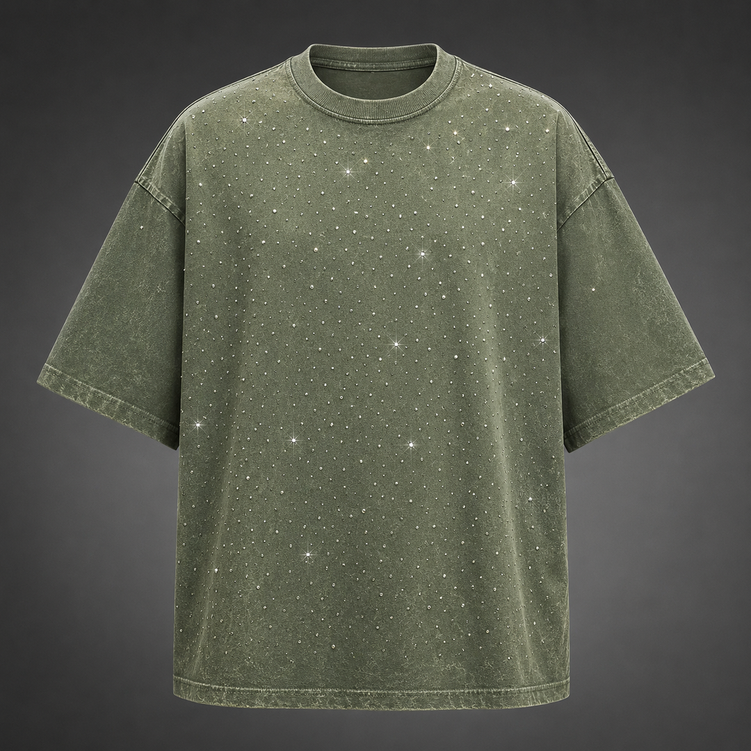 Unique men's summer top: oversized tee with washed finish and shimmering rhinestone accents.