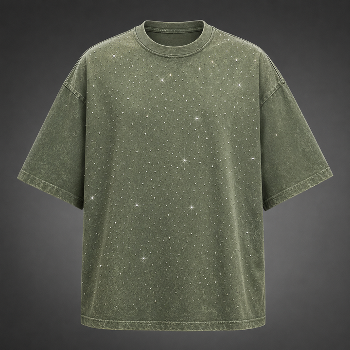 Unique men's summer top: oversized tee with washed finish and shimmering rhinestone accents.