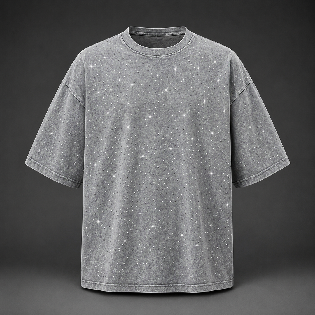 Stylish men's crewneck t-shirt with a distinctive rhinestone design and comfortable oversized fit.