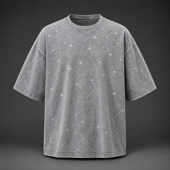 Stylish men's crewneck t-shirt with a distinctive rhinestone design and comfortable oversized fit.