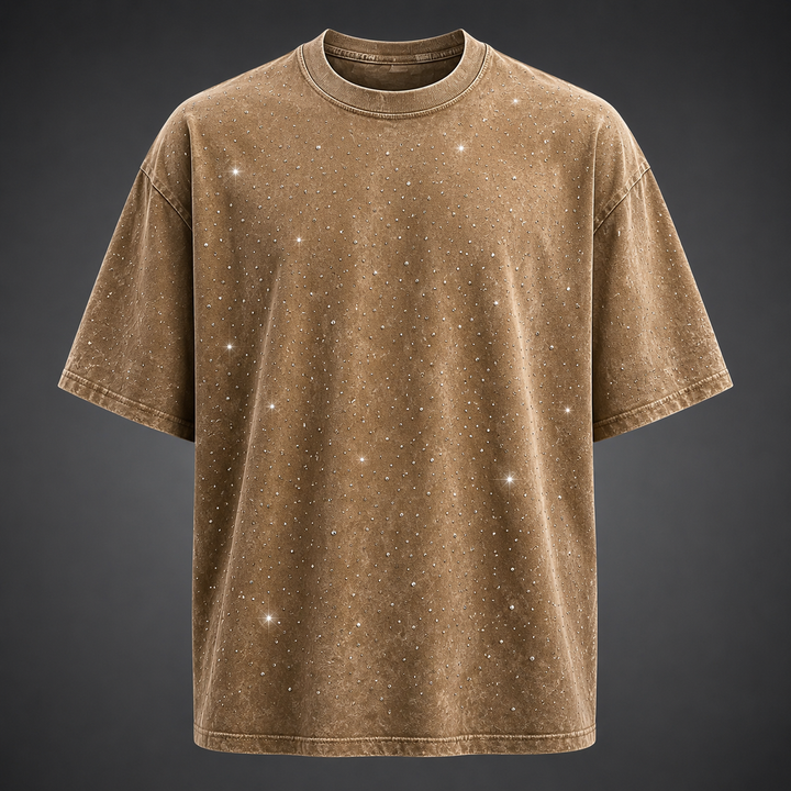 Washed black men's oversized tee with sparkling rhinestones, perfect for a modern casual look.