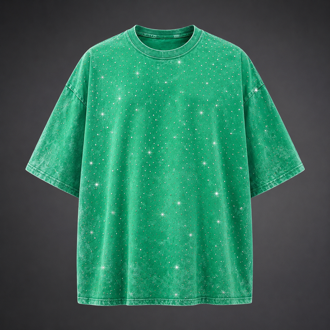 Men's fashion essential: short sleeve oversized t-shirt with bold rhinestone details for summer.