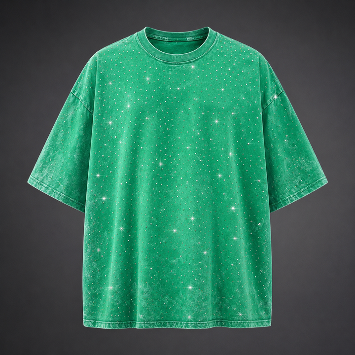 Men's fashion essential: short sleeve oversized t-shirt with bold rhinestone details for summer.