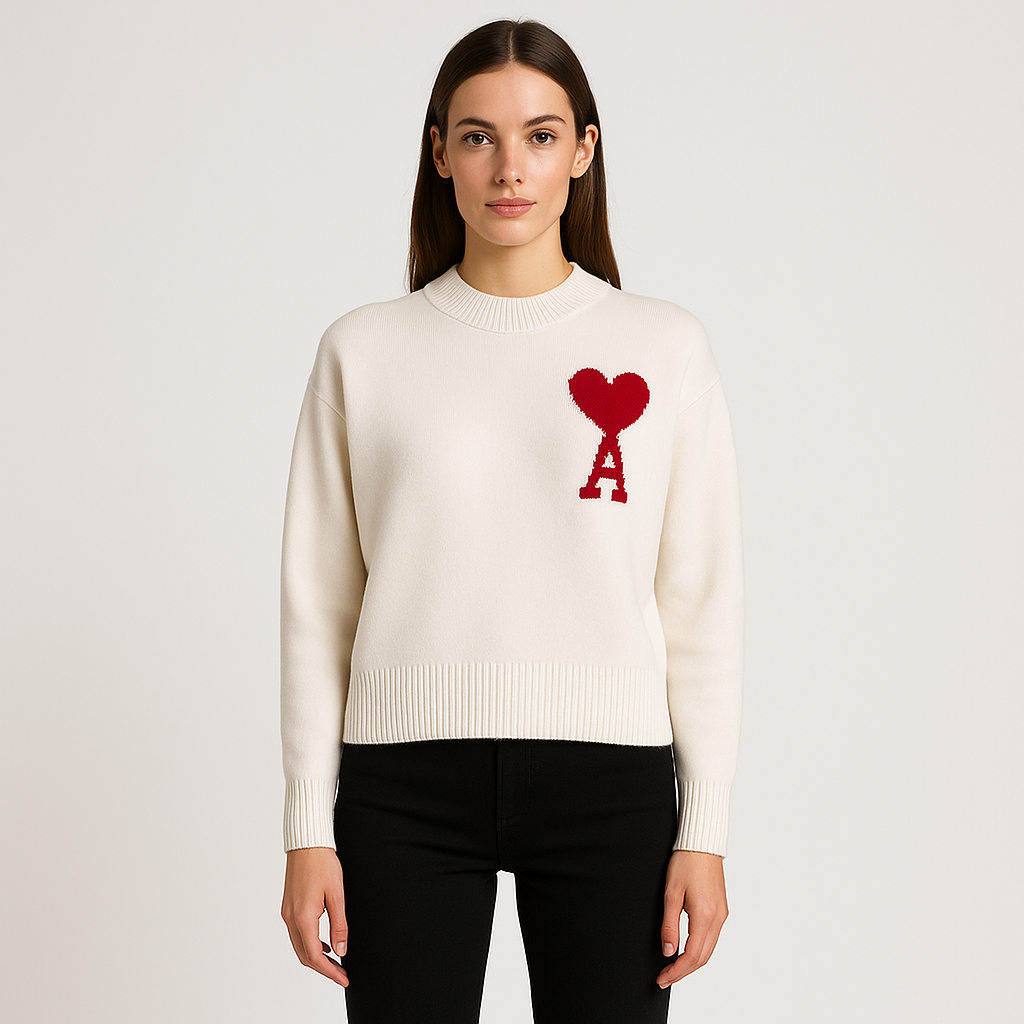 Men's oversized sweater with playful heart motif. Stylish crew neck for casual winter fashion.