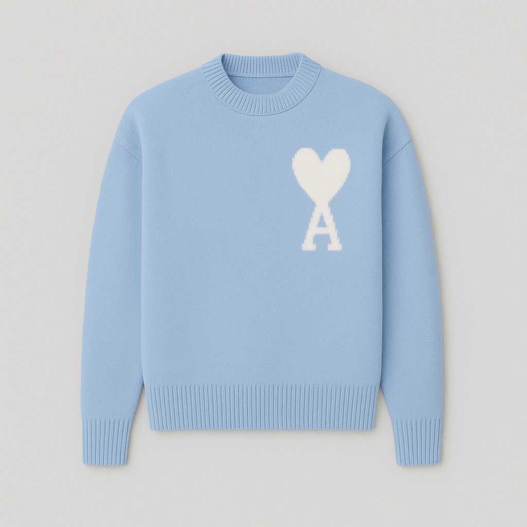 Men's heart motif crew neck sweater, oversized fit for ultimate comfort and style. Winter essential.
