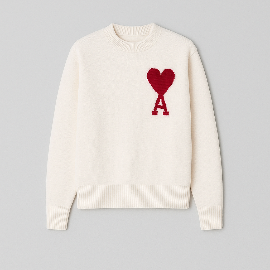 Trendy men's oversized heart print sweater. Soft knit, crew neck, ideal for stylish casual wear.