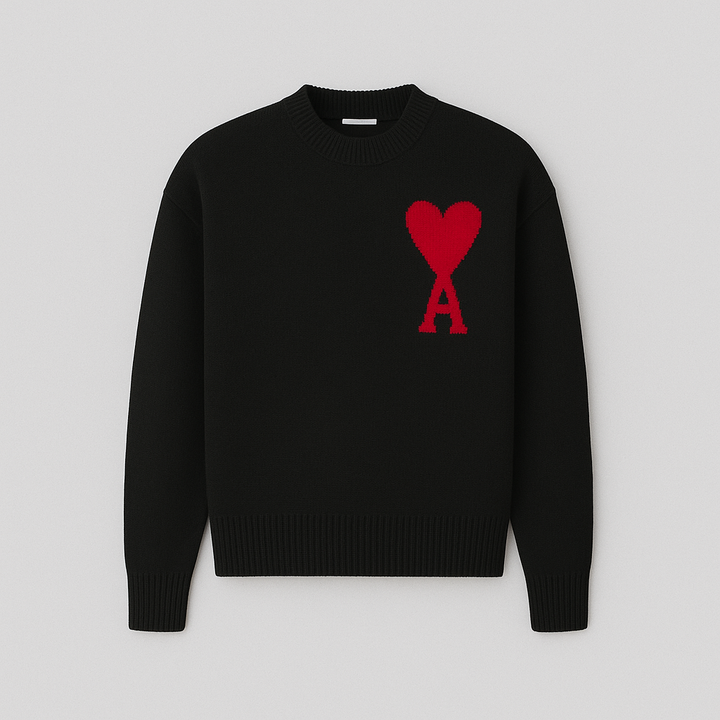 Men's heart motif oversized crew neck sweater. Fashionable and comfortable for everyday wear.