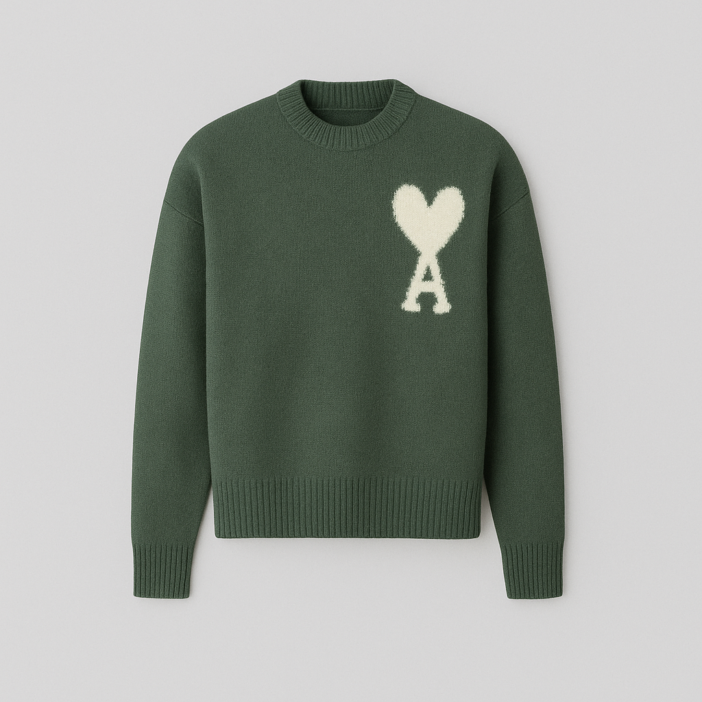 Warm men's oversized sweater with an eye-catching heart design. Casual crew neck comfort.
