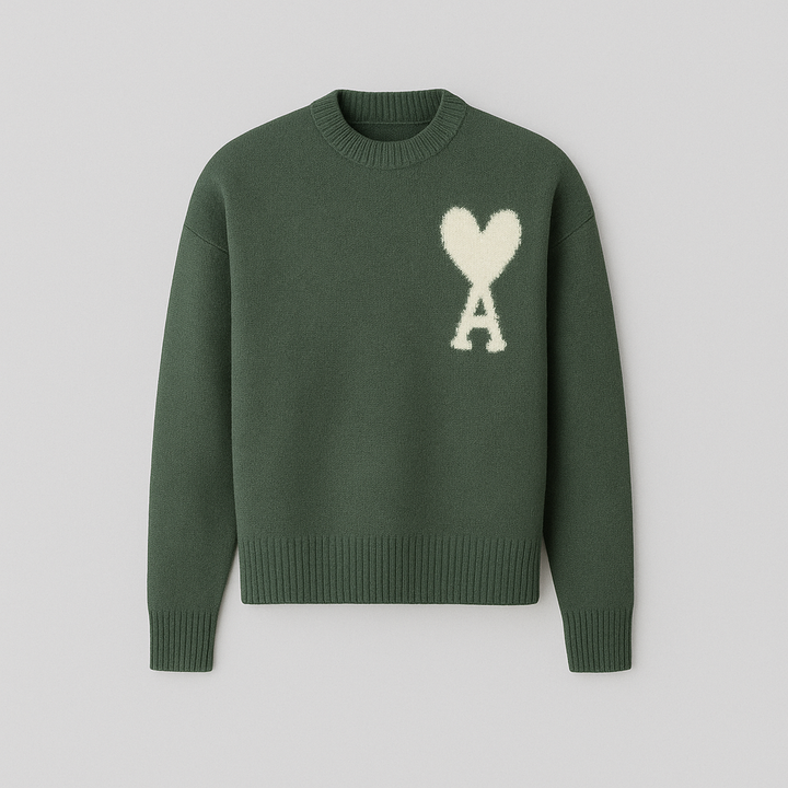 Warm men's oversized sweater with an eye-catching heart design. Casual crew neck comfort.