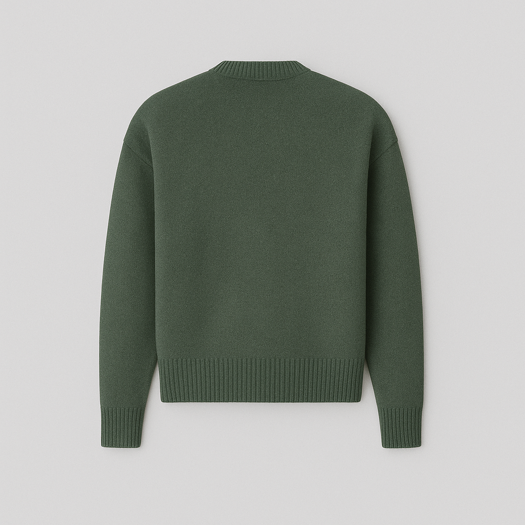 Men's fall apparel: oversized crew neck sweater with a distinctive heart motif. Soft and trendy.