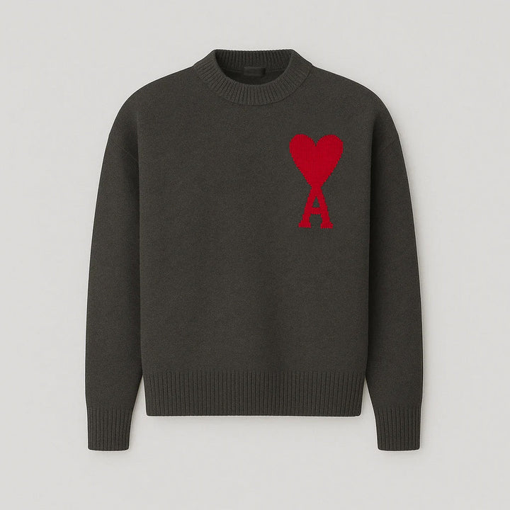 Oversized men's sweater, black with white heart motif. Crew neck, perfect for casual winter outings.