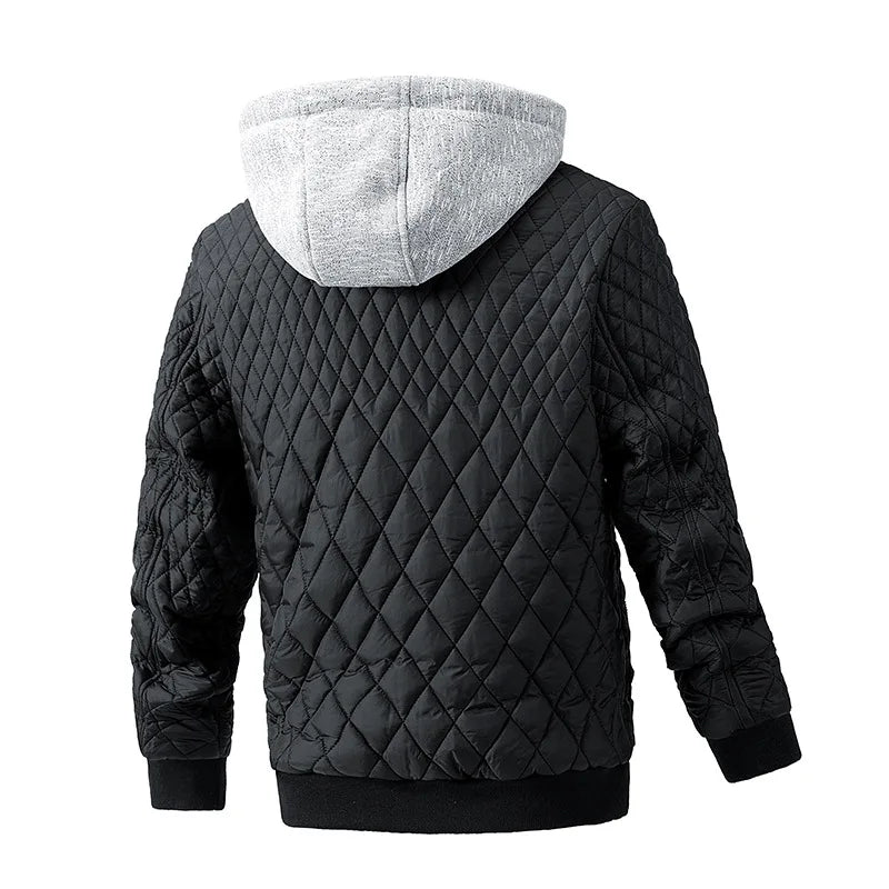 Close-up of a man's padded utility jacket showing durable fabric, sturdy zippers, and warm insulation detail