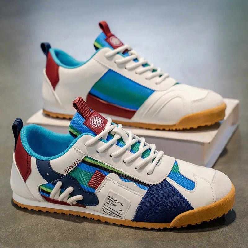 Men's fashion statement: patchwork utility sneakers, blending comfort, durability, and modern aesthetics.