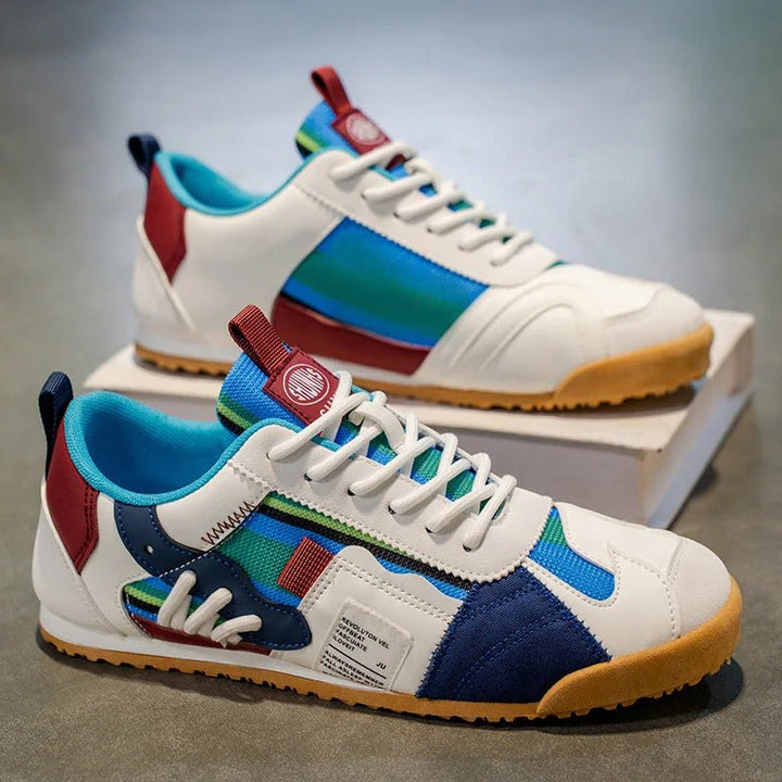 Men's fashion statement: patchwork utility sneakers, blending comfort, durability, and modern aesthetics.