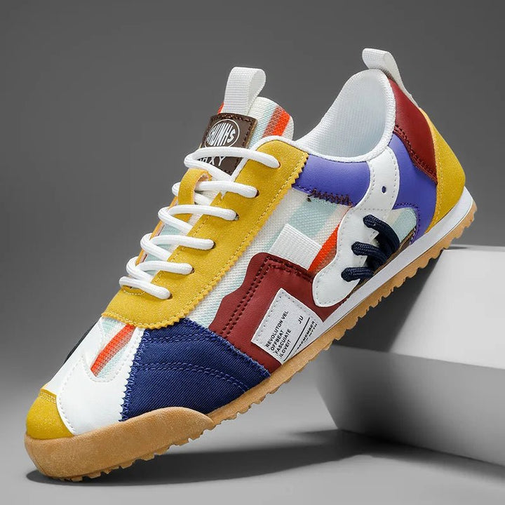 Stylish men's utility sneakers with unique patchwork design. Perfect for casual wear & outdoor trails.