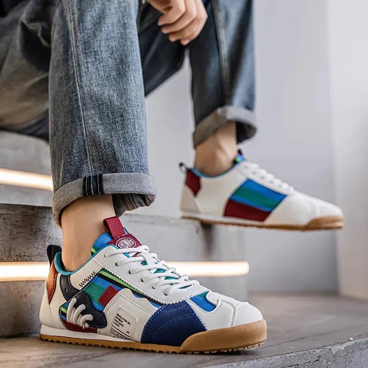 Comfortable men's patchwork sneakers, blending trail durability with modern street style.