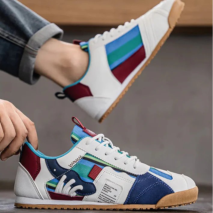 Durable men's utility shoes: patchwork design for versatile wear, from city streets to light trails.